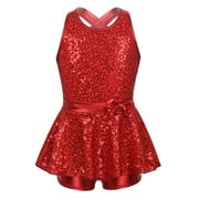 YEAHDOR Kids Girls Jazz Tap Dance Costume Sequins Bowknot Ballet Leotard Dress Red-B 8