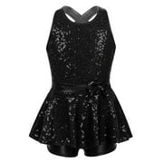 YEAHDOR Kids Girls Jazz Tap Dance Costume Sequins Bowknot Ballet Leotard Dress Black 8