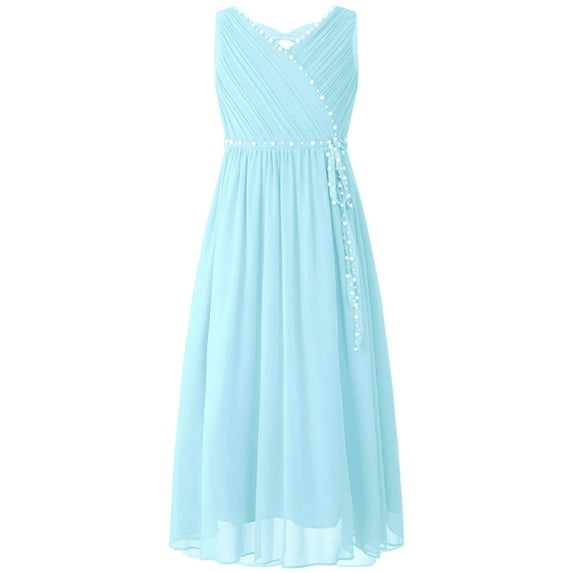 YEAHDOR Kids Girls Knotted Waist Chiffon Flower Girl Dress Sleeveless Wedding Bridesmaid Prom Party Gowns