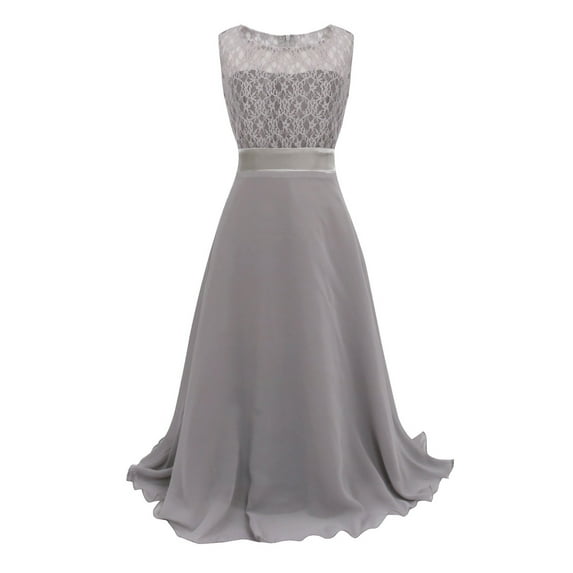 YEAHDOR Kids Girls Lace Chiffon Flower Girl Dress Wedding Prom Dance Ball Gown Party Maxi Dress Gray 12