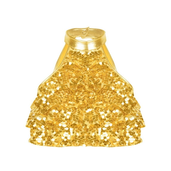 YEAHDOR Kids Girls Latin Cha-cha Dance Tops Tiered Shiny Sequins Backless Crop Top Stage Performance Competition Dancewear Gold 12