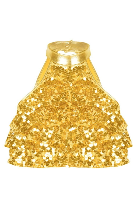 Kids Girls Latin Cha-cha Dance Tops Tiered Shiny Sequins Backless Crop Top Stage Performance Competition Dancewear Gold 8