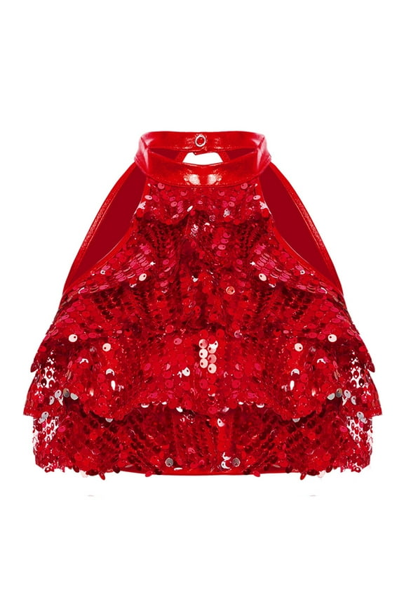 Kids Girls Latin Cha-cha Dance Tops Tiered Shiny Sequins Backless Crop Top Stage Performance Competition Dancewear Red 10