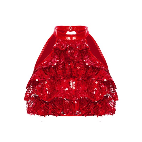 YEAHDOR Kids Girls Latin Cha-cha Dance Tops Tiered Shiny Sequins Backless Crop Top Stage Performance Competition Dancewear Red 10