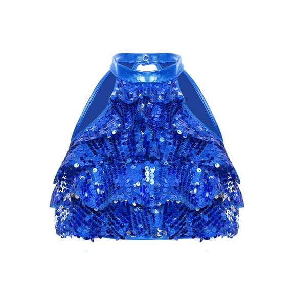 YEAHDOR Kids Girls Latin Cha-cha Dance Tops Tiered Shiny Sequins Backless Crop Top Stage Performance Competition Dancewear Royal Blue 4