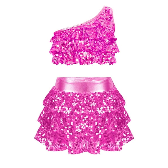 YEAHDOR Kids Girls Latin Jazz Dance Costume One Shoulder Metallic Crop Top with Sequins Ruffles Culottes Outfit Set Hot Pink 16