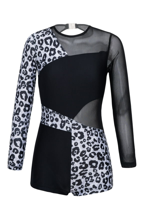 Kids Girls Leopard Prints Long Sleeve Mesh Patchwork Dance Leotard,Sizes 4-14 Black 8