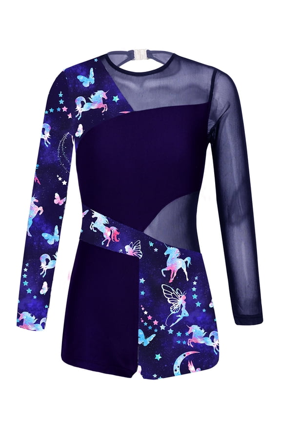 Kids Girls Leopard Prints Long Sleeve Mesh Patchwork Dance Leotard,Sizes 4-14 Navy Blue 14
