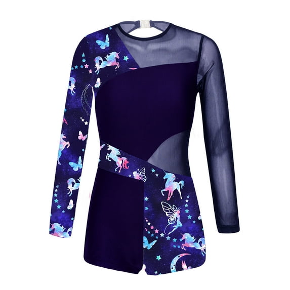YEAHDOR Kids Girls Leopard Prints Long Sleeve Mesh Patchwork Dance Leotard,Sizes 4-14 Navy Blue 4