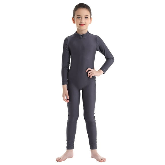 YEAHDOR Kids Girls Long Sleeve Ballet Gymnastics Jumpsuit Juniors Solid Color Back Zipper Biketard Dancewear Dark Gray 3-4
