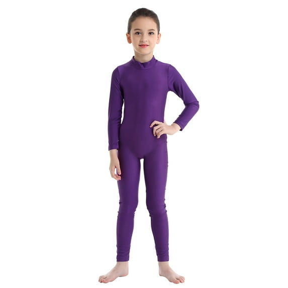 YEAHDOR Kids Girls Long Sleeve Ballet Gymnastics Jumpsuit Juniors Solid Color Back Zipper Biketard Dancewear Purple 13-14