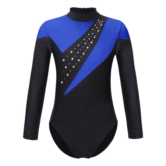 YEAHDOR Kids Girls Long Sleeve Shiny Faux Diamonds Figure Skating Leotard Bodysuit