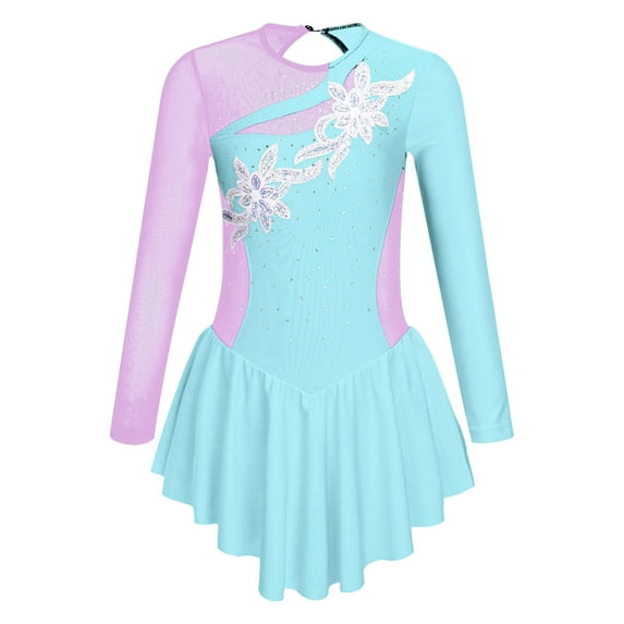 YEAHDOR Kids Girls Long Sleeve Shiny Rhinestone Mesh Tutu Figure Skating Dress Dancewear Light Blue 14
