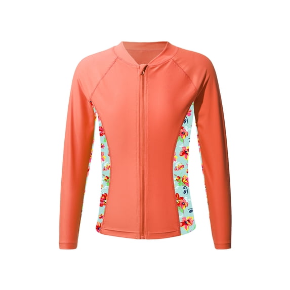 YEAHDOR Kids Girls Long Sleeve Swimming Tops Sun Protection Quick Dry Front Zipper Bathing Swim Shirt Orange 8