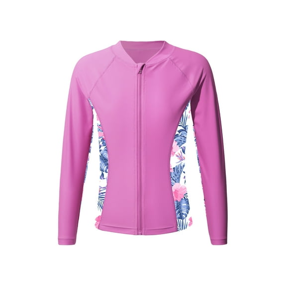 YEAHDOR Kids Girls Long Sleeve Swimming Tops Sun Protection Quick Dry Front Zipper Bathing Swim Shirt Pink 14