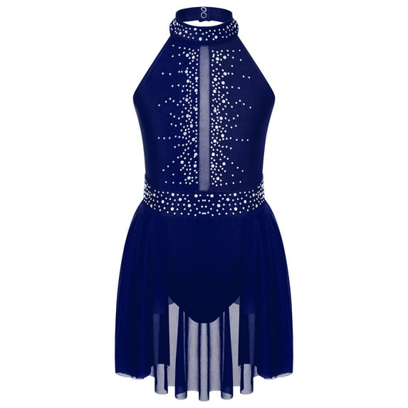 YEAHDOR Kids Girls Lyrical Ballet Dance Dress Cutout Back Gymnastics Acrobatics Performance Leotard Navy Blue 14