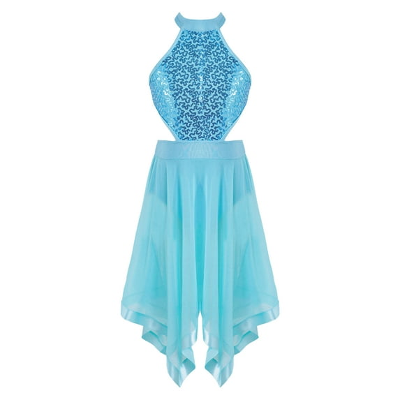 YEAHDOR Kids Girls Lyrical Dance Dress Sequins Dance Performance Costume,Sizes 4-16 Blue 14