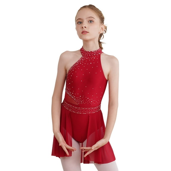 YEAHDOR Kids Girls Lyrical Skating Dance Costume Sleeveless Shiny Rhinestone Flowy Gymnastics Leotard Dress Burgundy 8