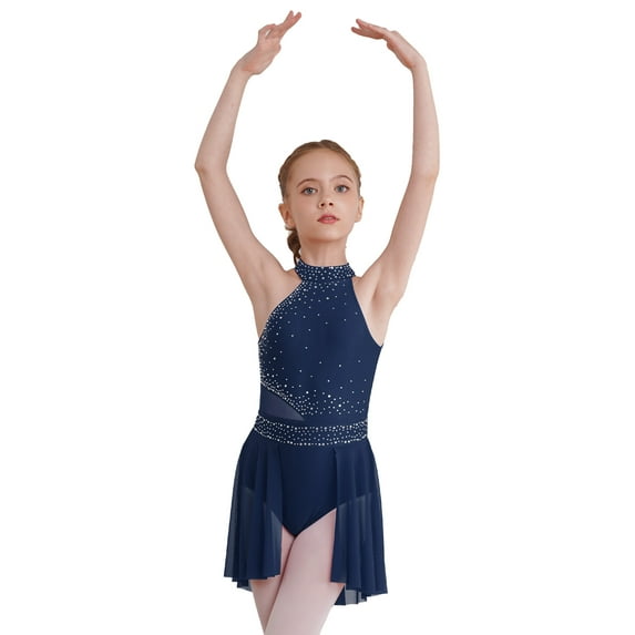 YEAHDOR Kids Girls Lyrical Skating Dance Costume Sleeveless Shiny Rhinestone Flowy Gymnastics Leotard Dress Navy Blue 16