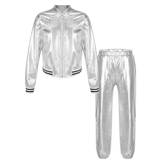 YEAHDOR Kids Girls Metallic 2Pcs Dance Outfit Long Sleeve Jacket with Pants Jazz Hip-Hop Dance Costume Silver 8