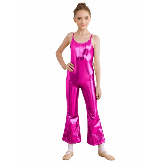 YEAHDOR Kids Girls Metallic Gymnastics Full Jumpsuit Sleeveless Shiny Bell-Bottomed Bodysuit Jazz Modern Dance Unitard Hot Pink 6