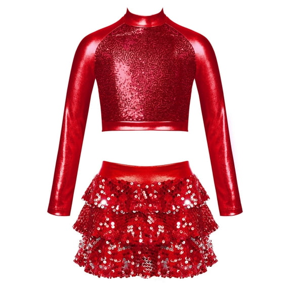 YEAHDOR Kids Girls Metallic Sequins Latin Stage Dancewear Jazz Dance Outfit Carnival Party Long Sleeve Crop Top with Culottes Red 6