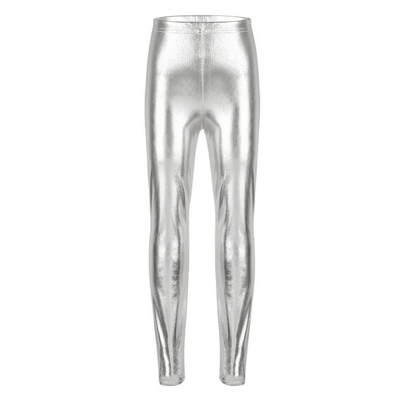 YEAHDOR Kids Girls Metallic Wet Look Leggings Stretchy Shiny Pants for Dance Sports Workout A Silver 8-10