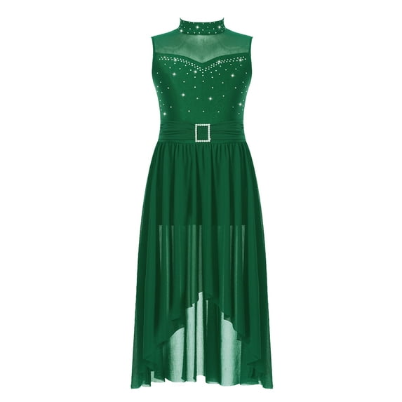 YEAHDOR Kids Girls Modern Contemporary Dance Dress Sleeveless Gymnastics Leotard Shiny Rhinestones Figure Skating Costume A Green 12