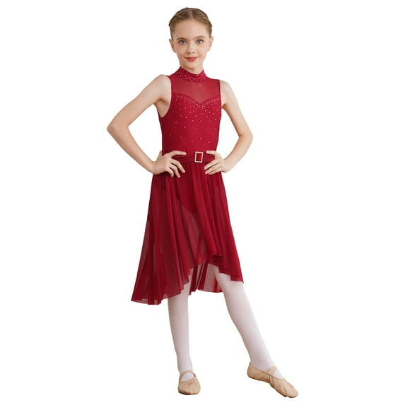 YEAHDOR Kids Girls Modern Contemporary Dance Dress Sleeveless Gymnastics Leotard Shiny Rhinestones Figure Skating Costume Burgundy 12