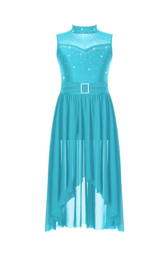 Kids Girls Modern Contemporary Dance Dress Sleeveless Gymnastics Leotard Shiny Rhinestones Figure Skating Costume Turquoise 10