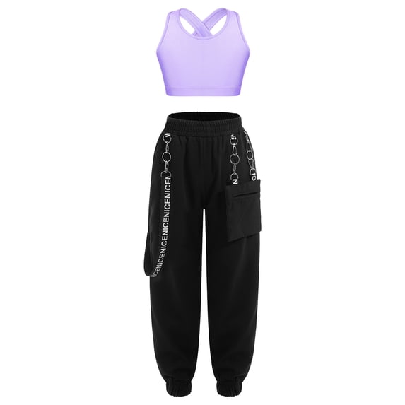 YEAHDOR Kids Girls Modern Dance Outfit 2Pcs Dance Set Criss Cross Back Crop Top with Chain Pocket Pants Dancewear Lavender 14