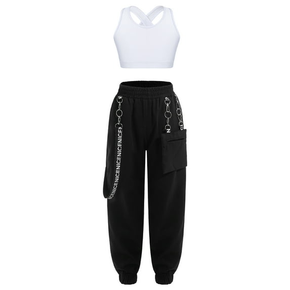 YEAHDOR Kids Girls Modern Dance Outfit 2Pcs Dance Set Criss Cross Back Crop Top with Chain Pocket Pants Dancewear White 8