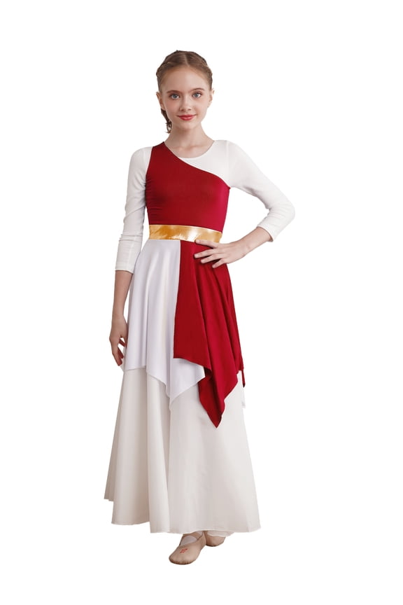Kids Girls One Shoulder Liturgical Worship Costume Dancewear Sleeveless Praise Lyrical Dance Dress Burgundy 12