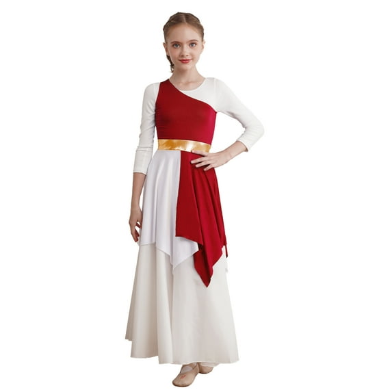 YEAHDOR Kids Girls One Shoulder Liturgical Worship Costume Dancewear Sleeveless Praise Lyrical Dance Dress Burgundy 12
