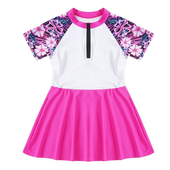 YEAHDOR Kids Girls One-piece Swimsuit Sun Protection Swimming Dress Short Sleeve Zipper Bathing Suit Hot Pink 12