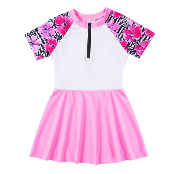 YEAHDOR Kids Girls One-piece Swimsuit Sun Protection Swimming Dress Short Sleeve Zipper Bathing Suit Pink 6
