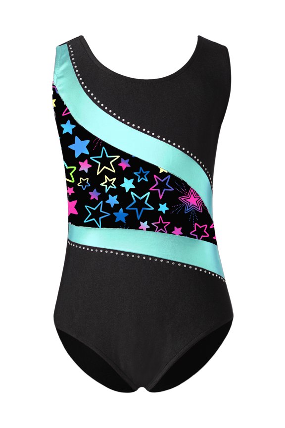 Kids Girls Printed Patchwork Ballet Leotard Sleeveless Gymnastics Modern Dance Bodysuit Black Stars 6
