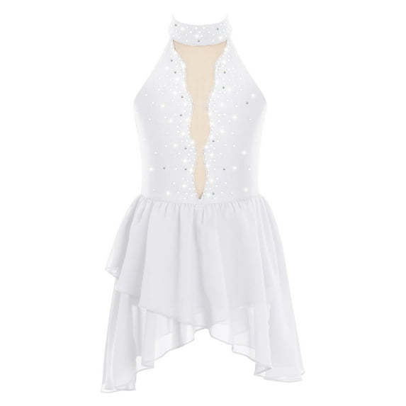 YEAHDOR Kids Girls Rhinestone Figure Skating Ballet Lyrical Dance Costume Flowy Open Back Dress Dancewear White 10