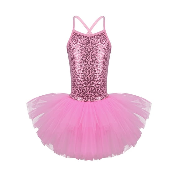 YEAHDOR Kids Girls Sequined Camisole Ballet Tutu Dress Skirted Leotard Ballerina Glittery Dance Costume Pink 4XL