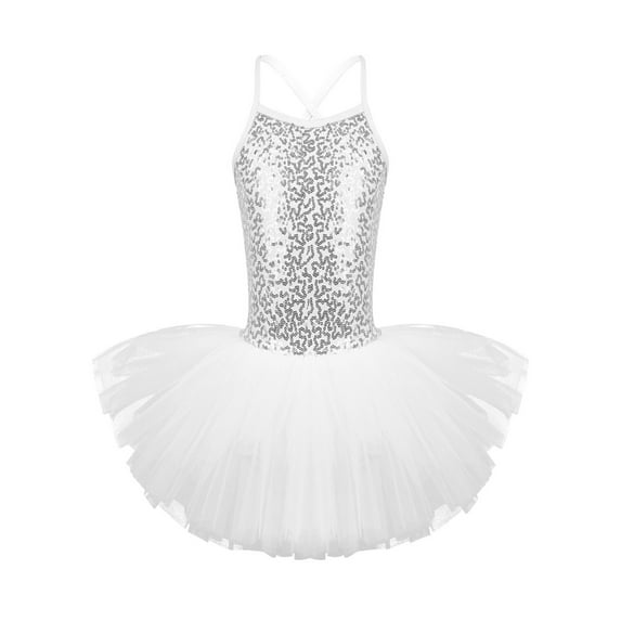 YEAHDOR Kids Girls Sequined Camisole Ballet Tutu Dress Skirted Leotard Ballerina Glittery Dance Costume White 3-4