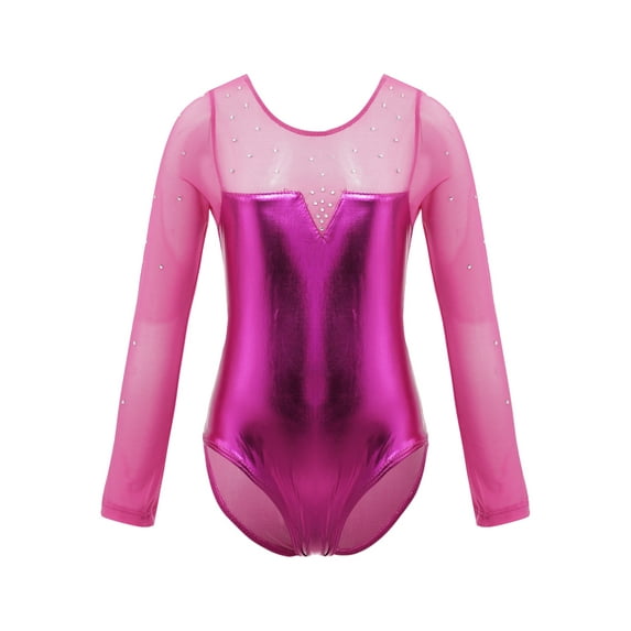 YEAHDOR Kids Girls Sequined Gymnastics Dance Leotard Long Sleeve Sparkle Rhinestone Metallic Bodysuit Rose 6