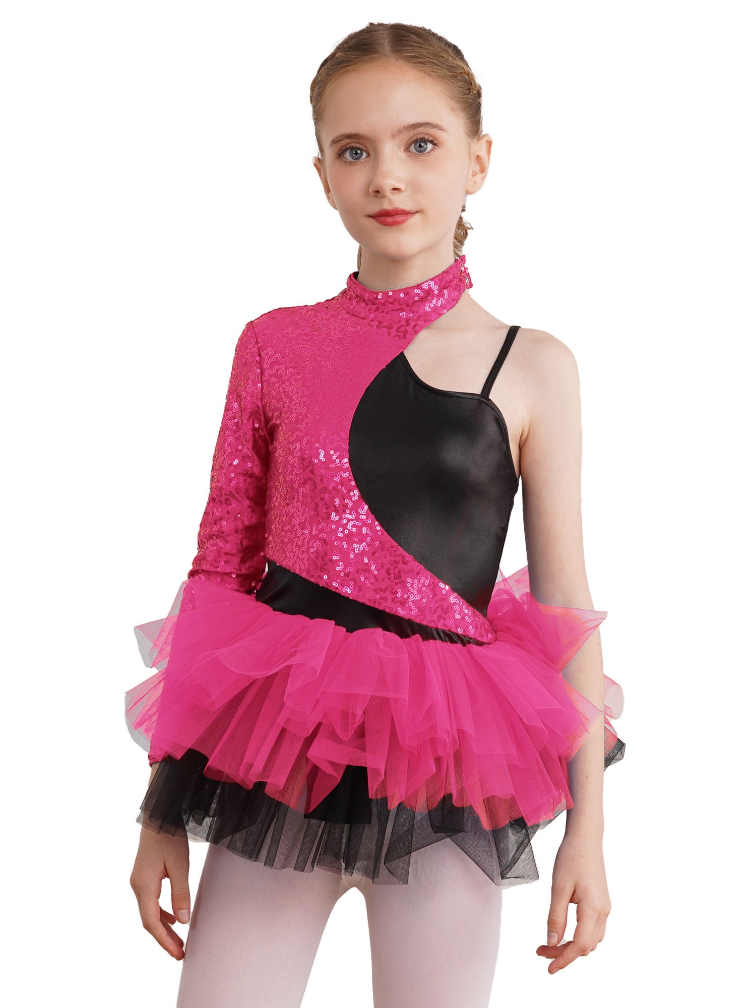 Yeahdor Girls Chiffon Ballet Dance Outfit Gymnastics Lyrical Dance Costume Long Sleeve Crop Top With Asymmetrical Split Skirt Black 8