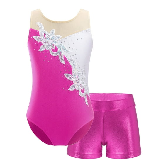 YEAHDOR Kids Girls Sequins Faux Diamonds Adorned Ballet Dance Gymnastics Leotard,Sizes 4-16