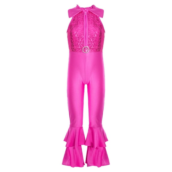 YEAHDOR Kids Girls Sequins Mesh Patchwork Dance Tank Leotard Mesh Ruffles Ballet Jazz Dance Jumpsuit Costume A Hot Pink 14