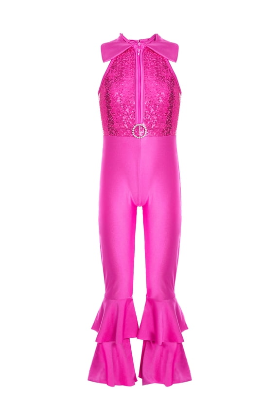 Kids Girls Sequins Mesh Patchwork Dance Tank Leotard Mesh Ruffles Ballet Jazz Dance Jumpsuit Costume A Hot Pink 6