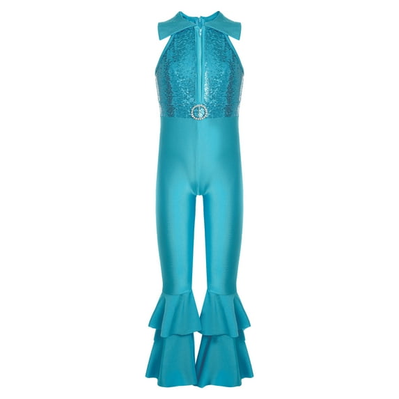 YEAHDOR Kids Girls Sequins Mesh Patchwork Dance Tank Leotard Mesh Ruffles Ballet Jazz Dance Jumpsuit Costume Blue 8