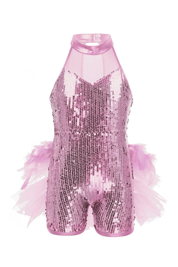Kids Girls Sequins Mesh Patchwork Dance Tank Leotard Mesh Ruffles Ballet Jazz Dance Jumpsuit Costume Pink 10