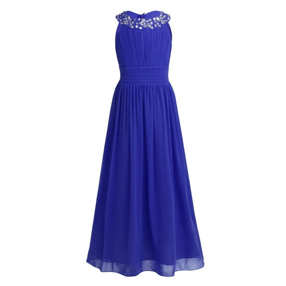 YEAHDOR Kids Girls Sequins Neckline Sleeveless Chiffon Flower Girl Dress Wedding Pageant Party Dress Blue 12