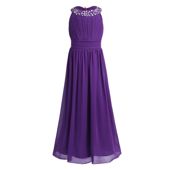 YEAHDOR Kids Girls Sequins Neckline Sleeveless Chiffon Flower Girl Dress Wedding Pageant Party Dress Purple 16