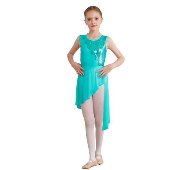 YEAHDOR Kids Girls Sequins Sleeveless Lyrical Latin Dance Dress Gymnastics Leotard with Skirt Mint Green 16